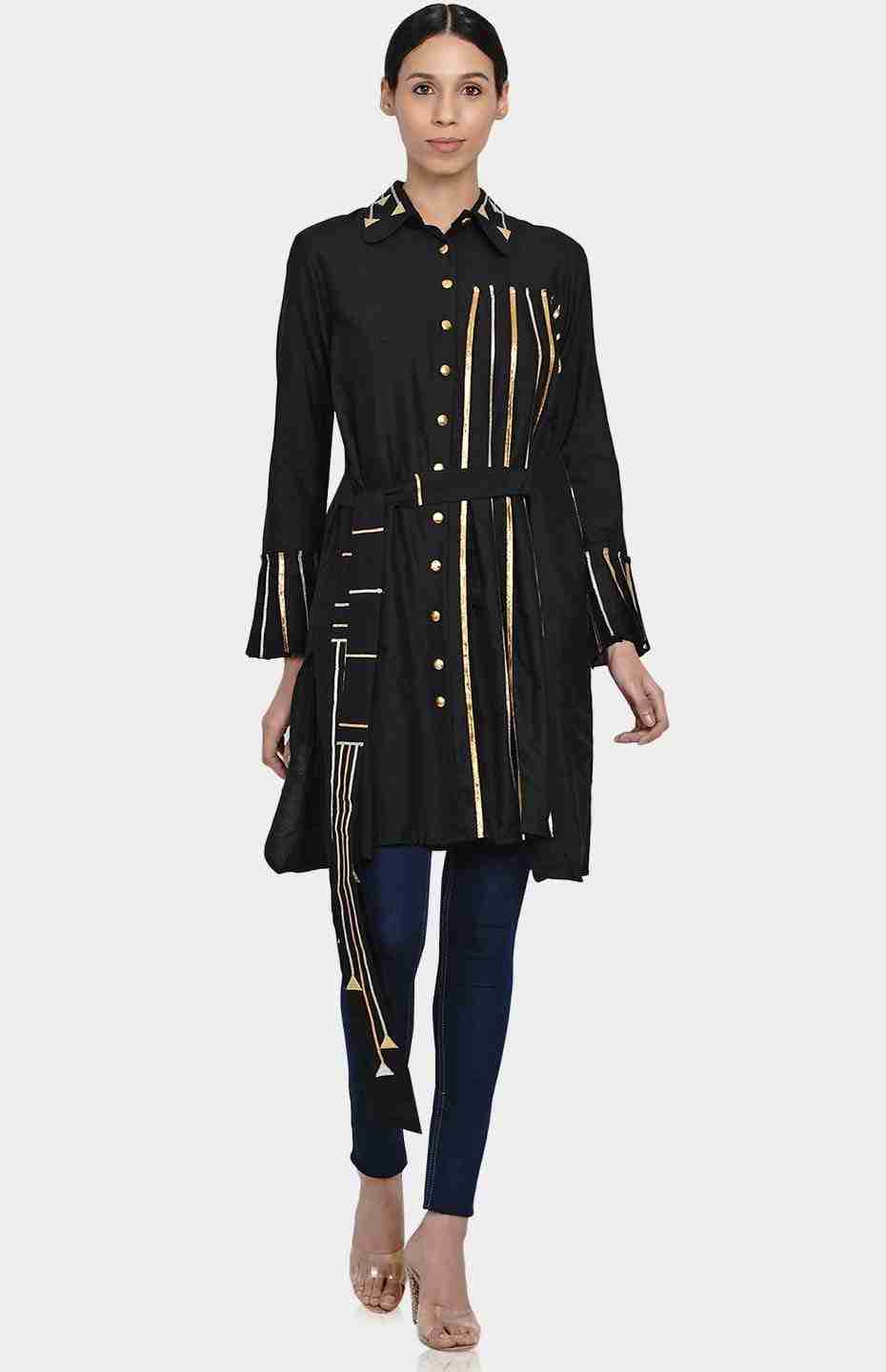 Black Pleated Shirt with Attached Belt