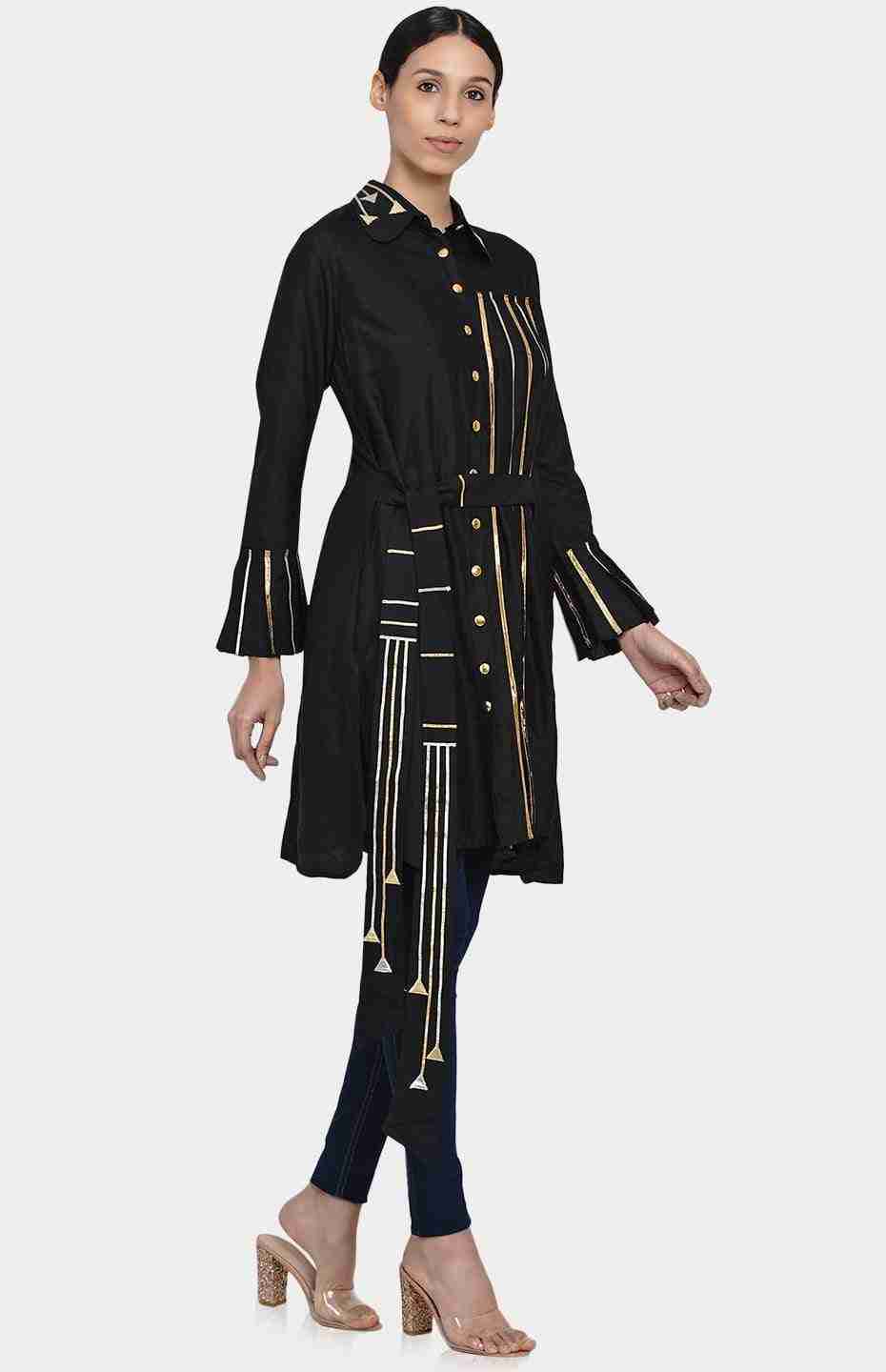 Black Pleated Shirt with Attached Belt