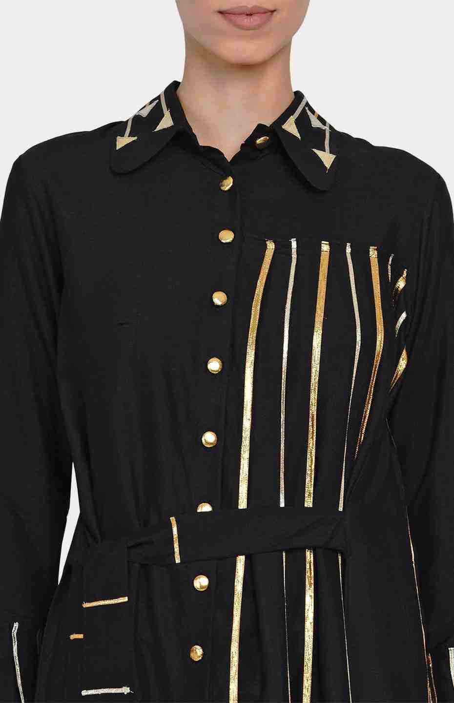 Black Pleated Shirt with Attached Belt