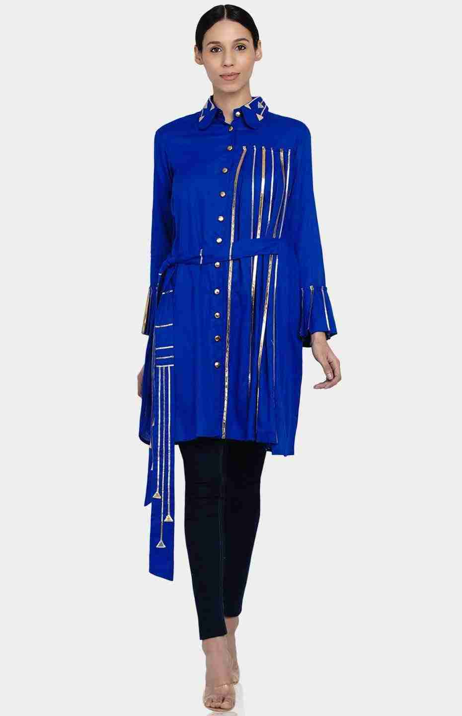 Blue Pleated Shirt with Attached Belt