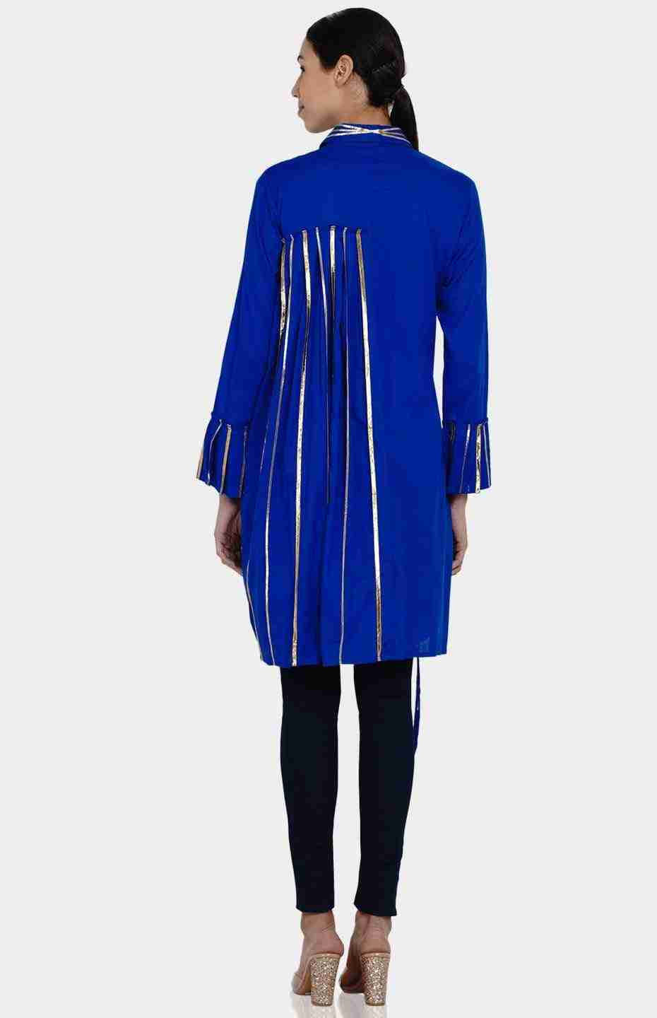 Blue Pleated Shirt with Attached Belt