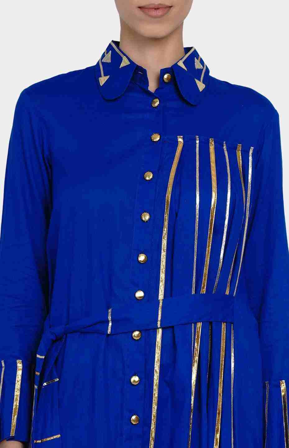 Blue Pleated Shirt with Attached Belt