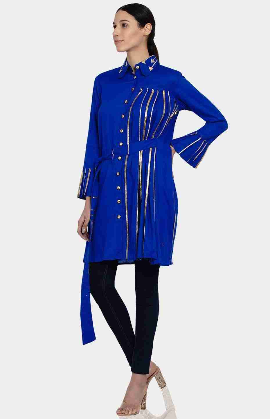Blue Pleated Shirt with Attached Belt
