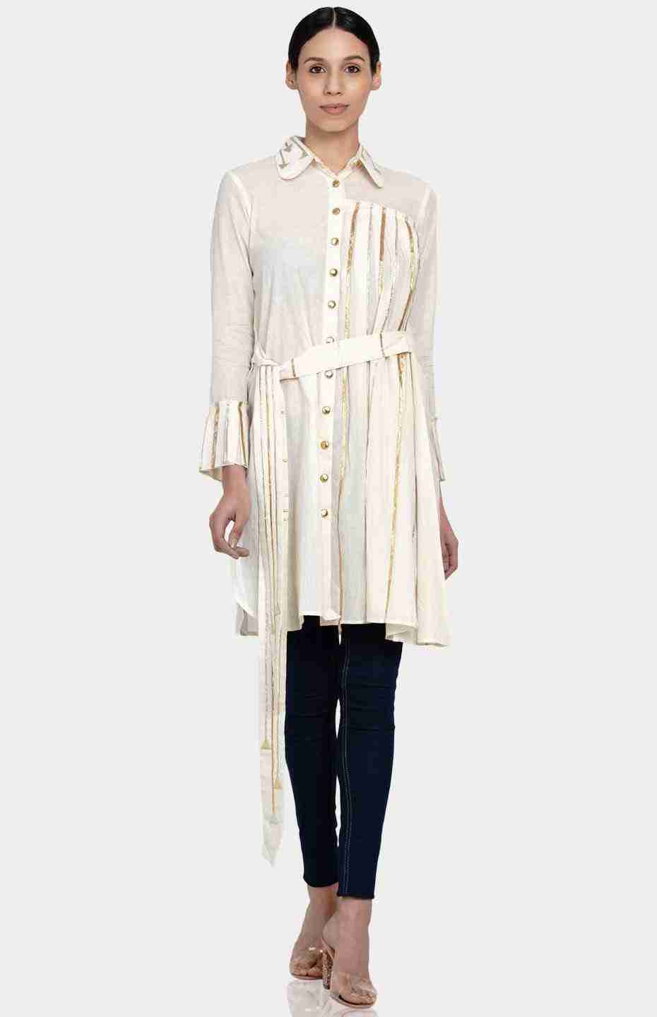 White Pleated Shirt with Attached Belt