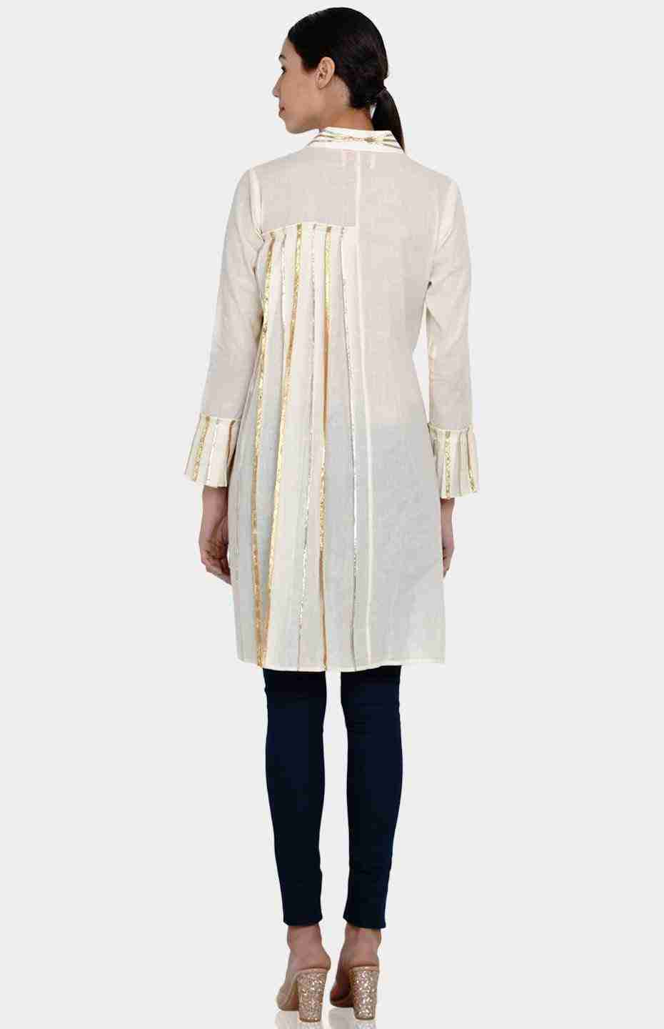 White Pleated Shirt with Attached Belt