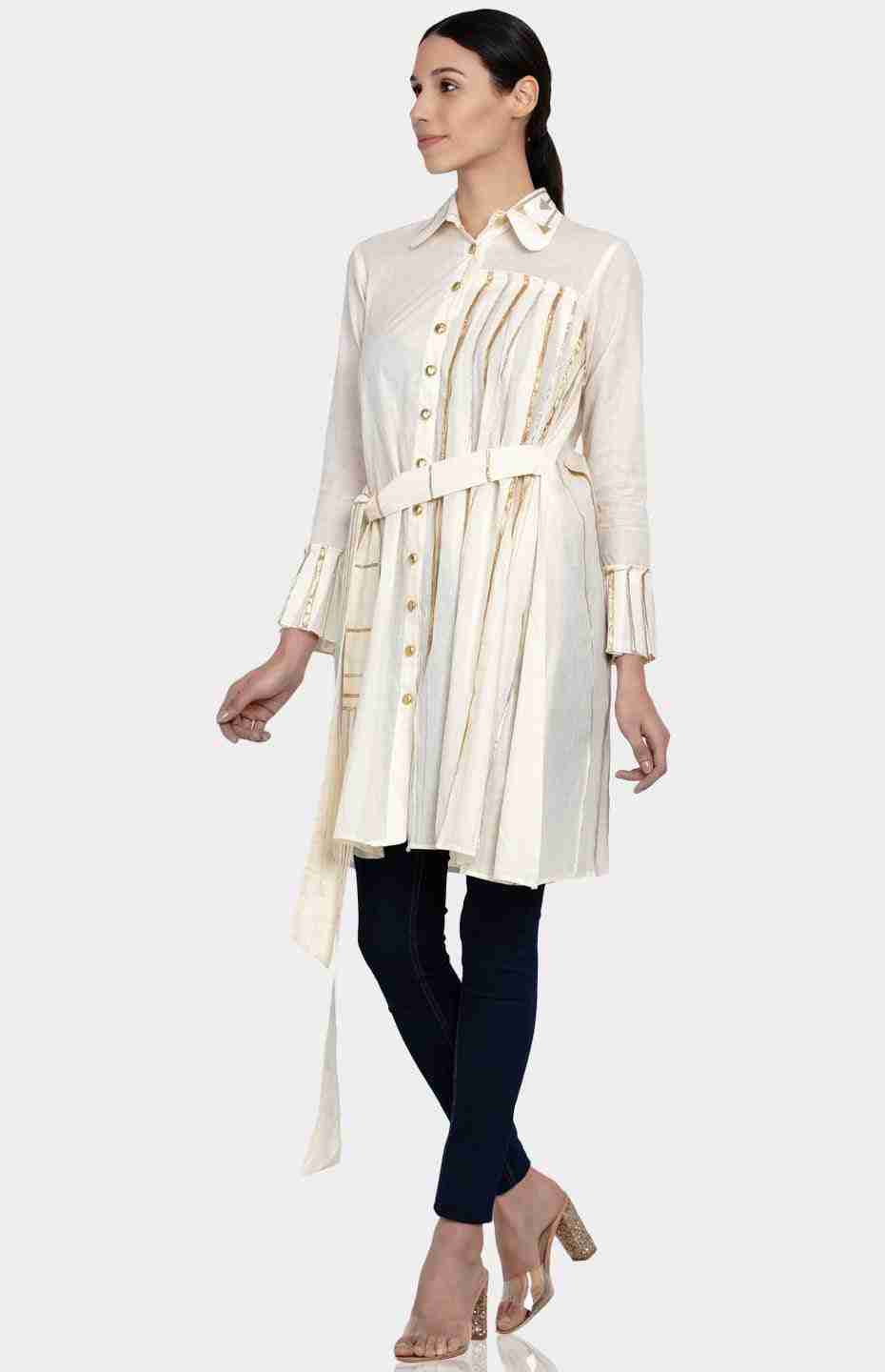 White Pleated Shirt with Attached Belt