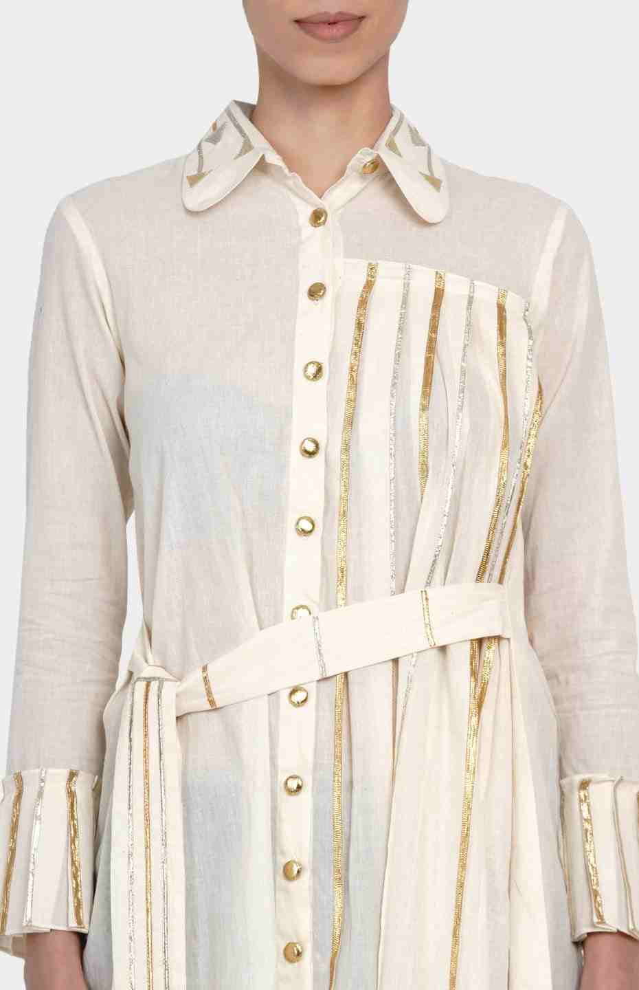 White Pleated Shirt with Attached Belt