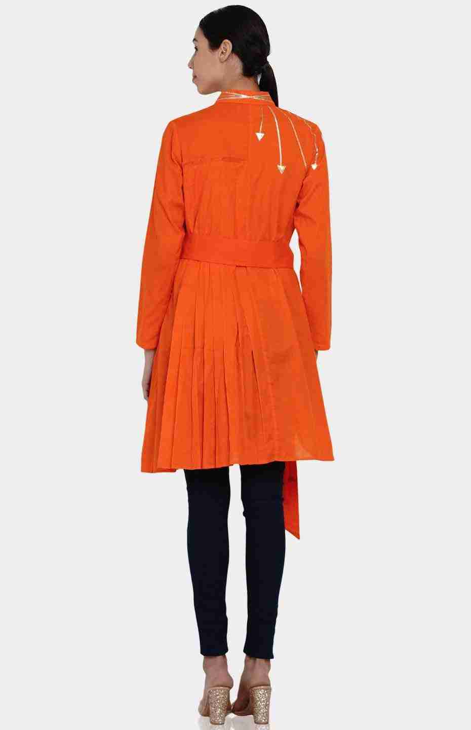 Orange Pleated Shirt with Attached Belt