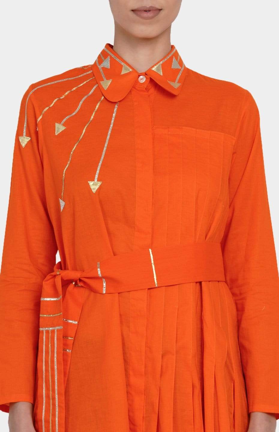 Orange Pleated Shirt with Attached Belt