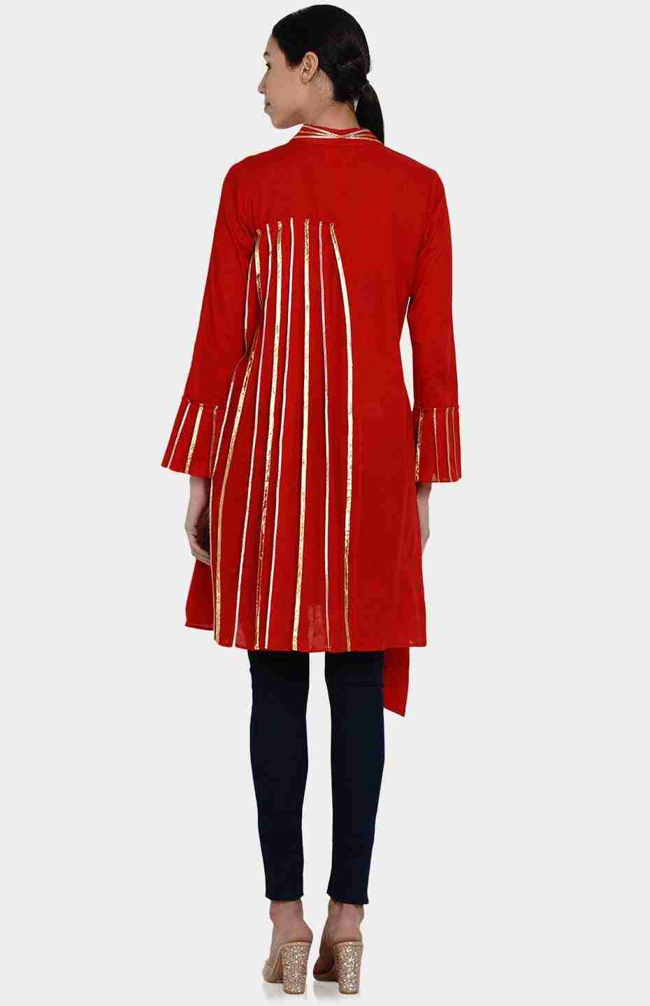 Red Pleated Shirt with Attached Belt