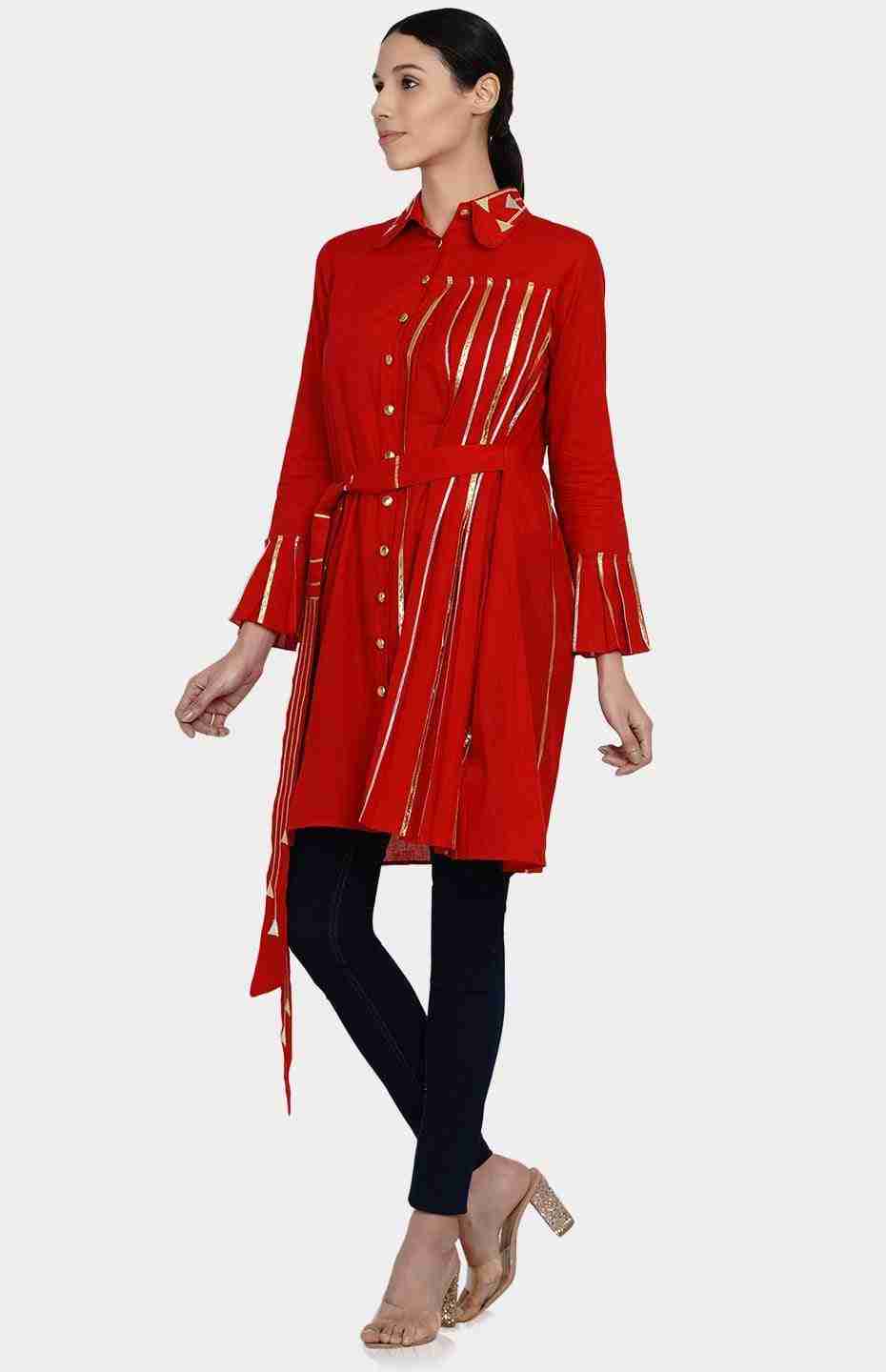Red Pleated Shirt with Attached Belt