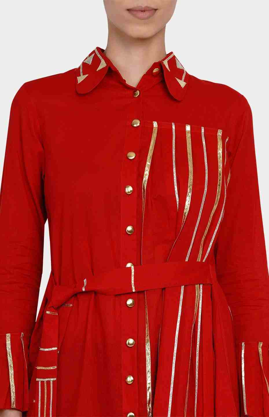Red Pleated Shirt with Attached Belt