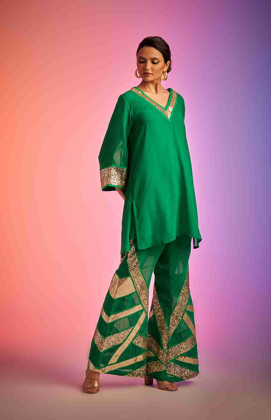 Green Sequins Short Kurta