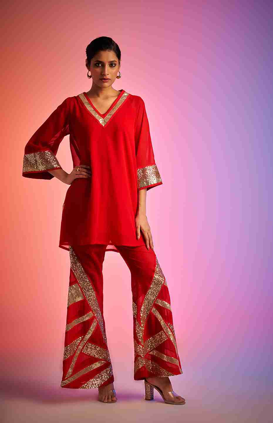 Red Sequins Short Kurta