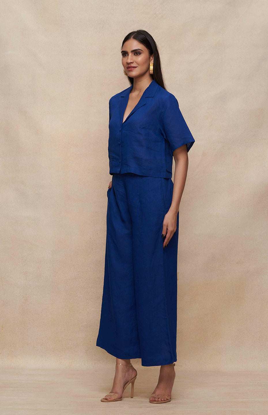 Blue Linen Crop Shirt