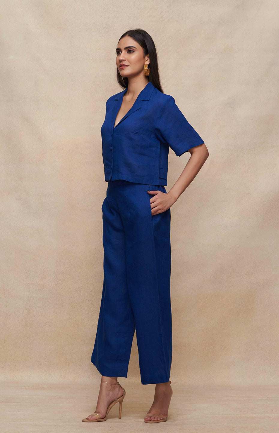 Blue Linen Crop Shirt