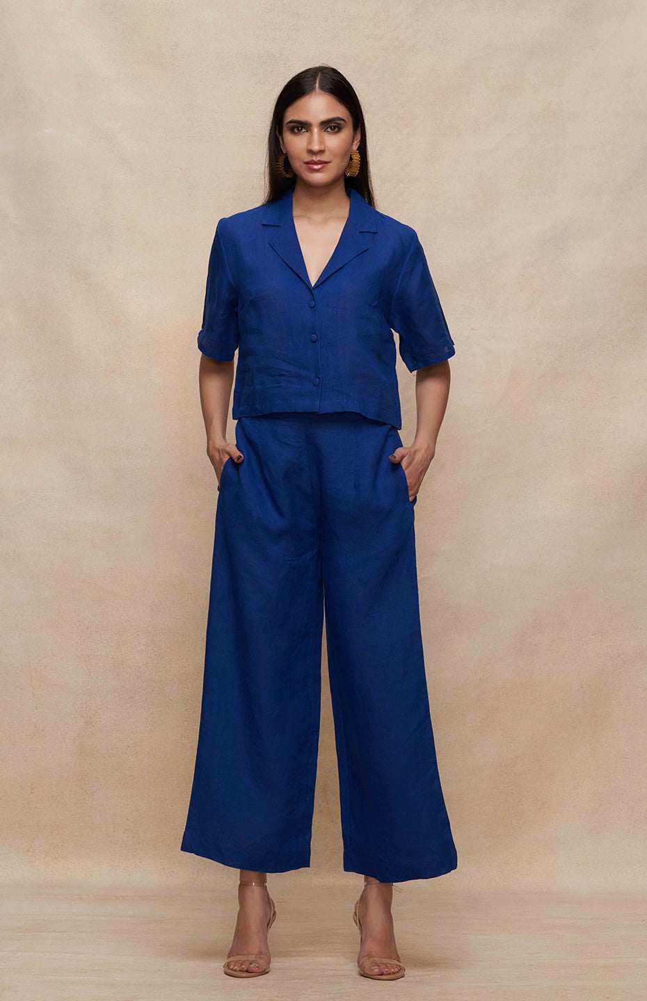 Blue Linen Crop Shirt