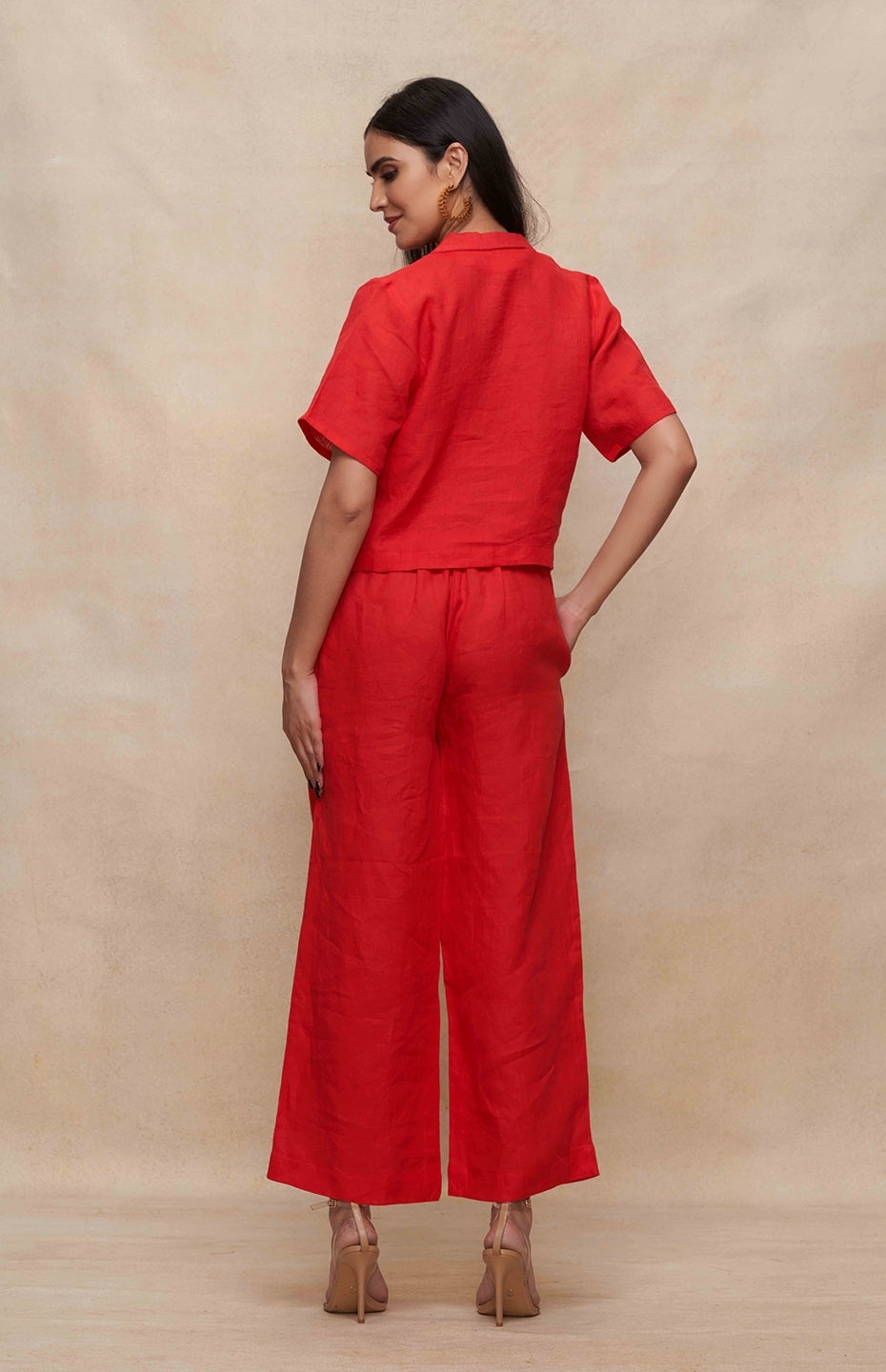 Red Linen Crop Shirt