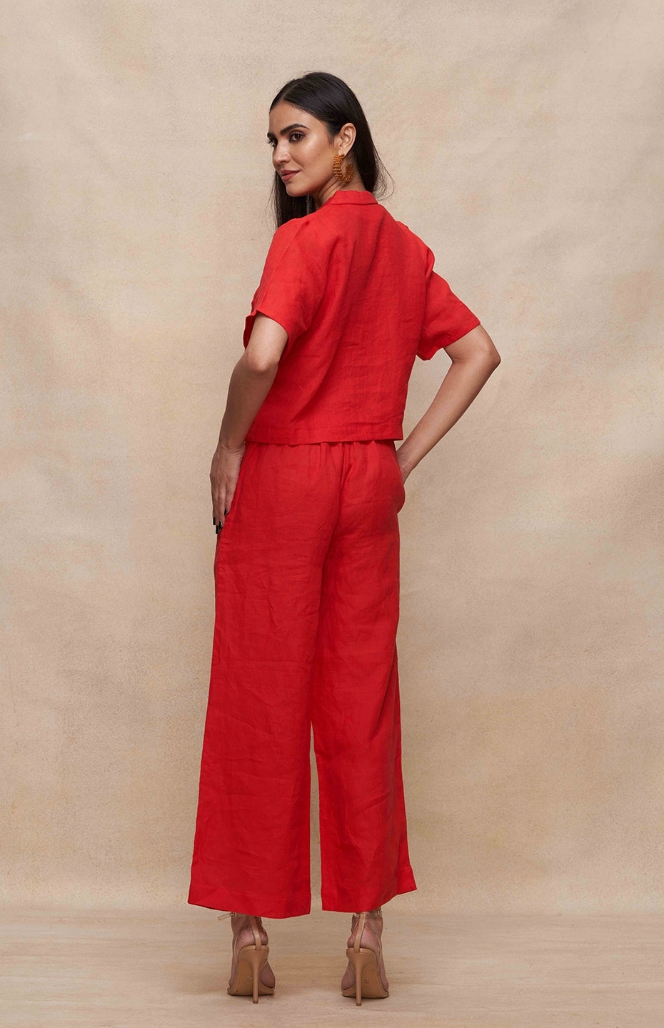 Red Linen Crop Shirt