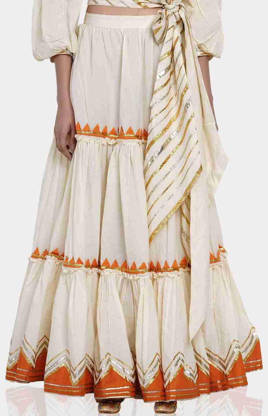 Off-White Tiered Skirt with Orange Samosa Applique