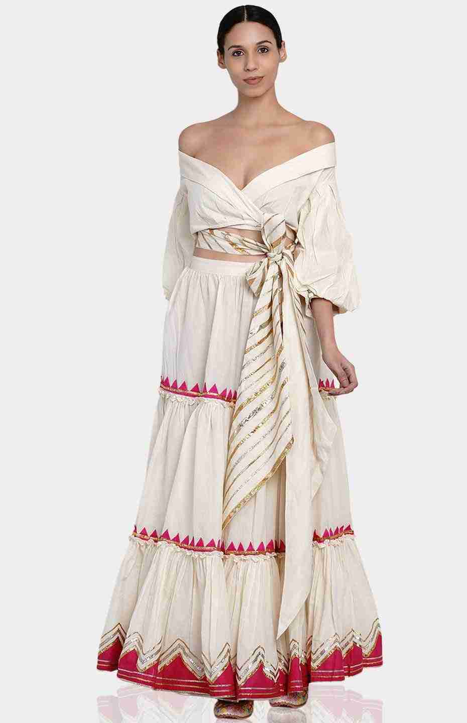 Off-White Tiered Skirt with Pink Samosa Applique
