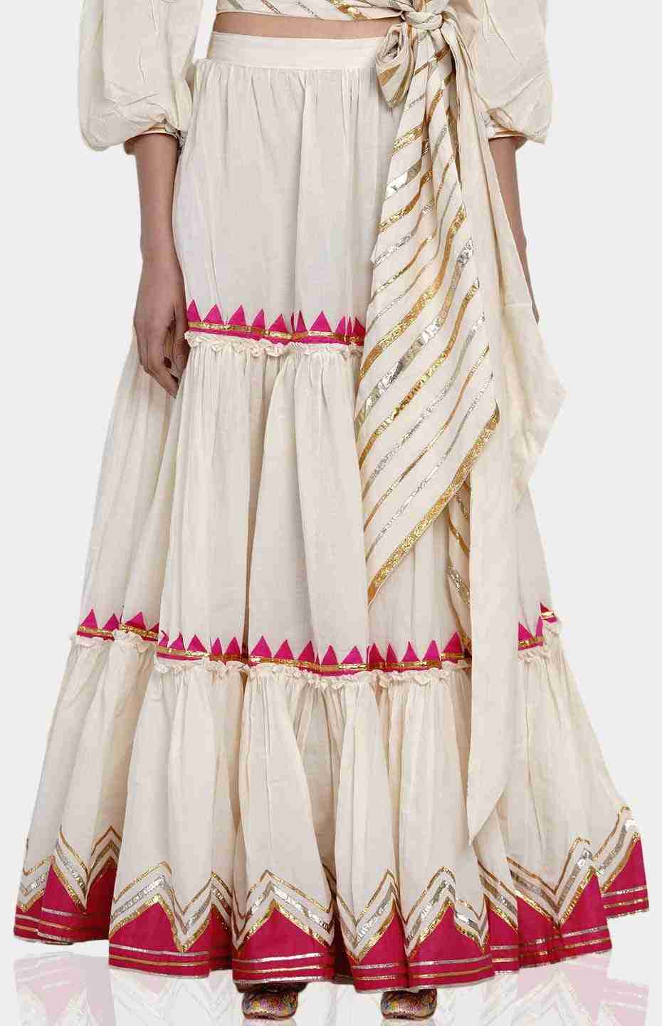 Off-White Tiered Skirt with Pink Samosa Applique