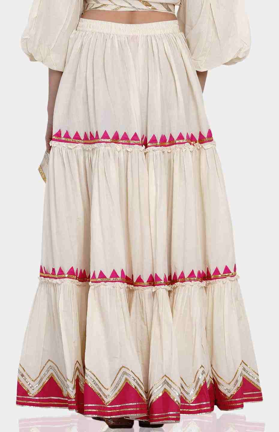 Off-White Tiered Skirt with Pink Samosa Applique