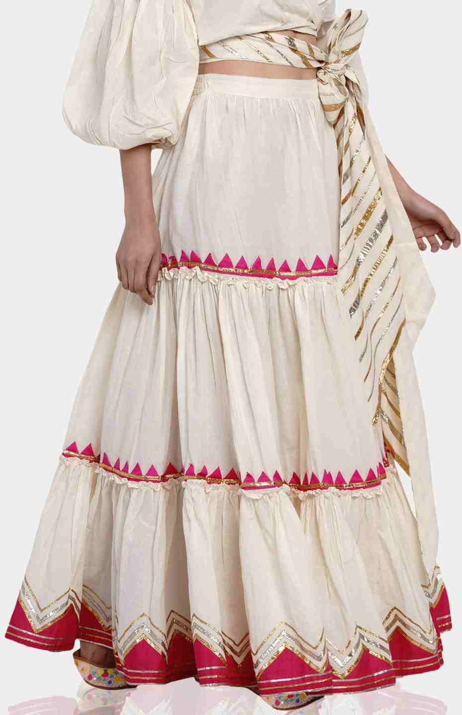 Off-White Tiered Skirt with Pink Samosa Applique