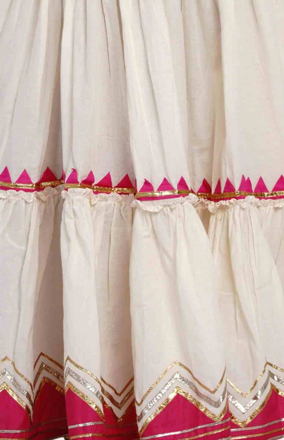 Off-White Tiered Skirt with Pink Samosa Applique