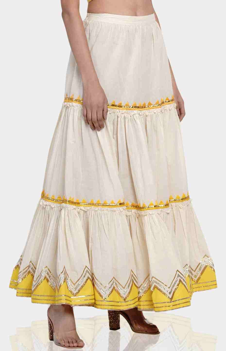 Off-White Tiered Skirt with Yellow Samosa Applique