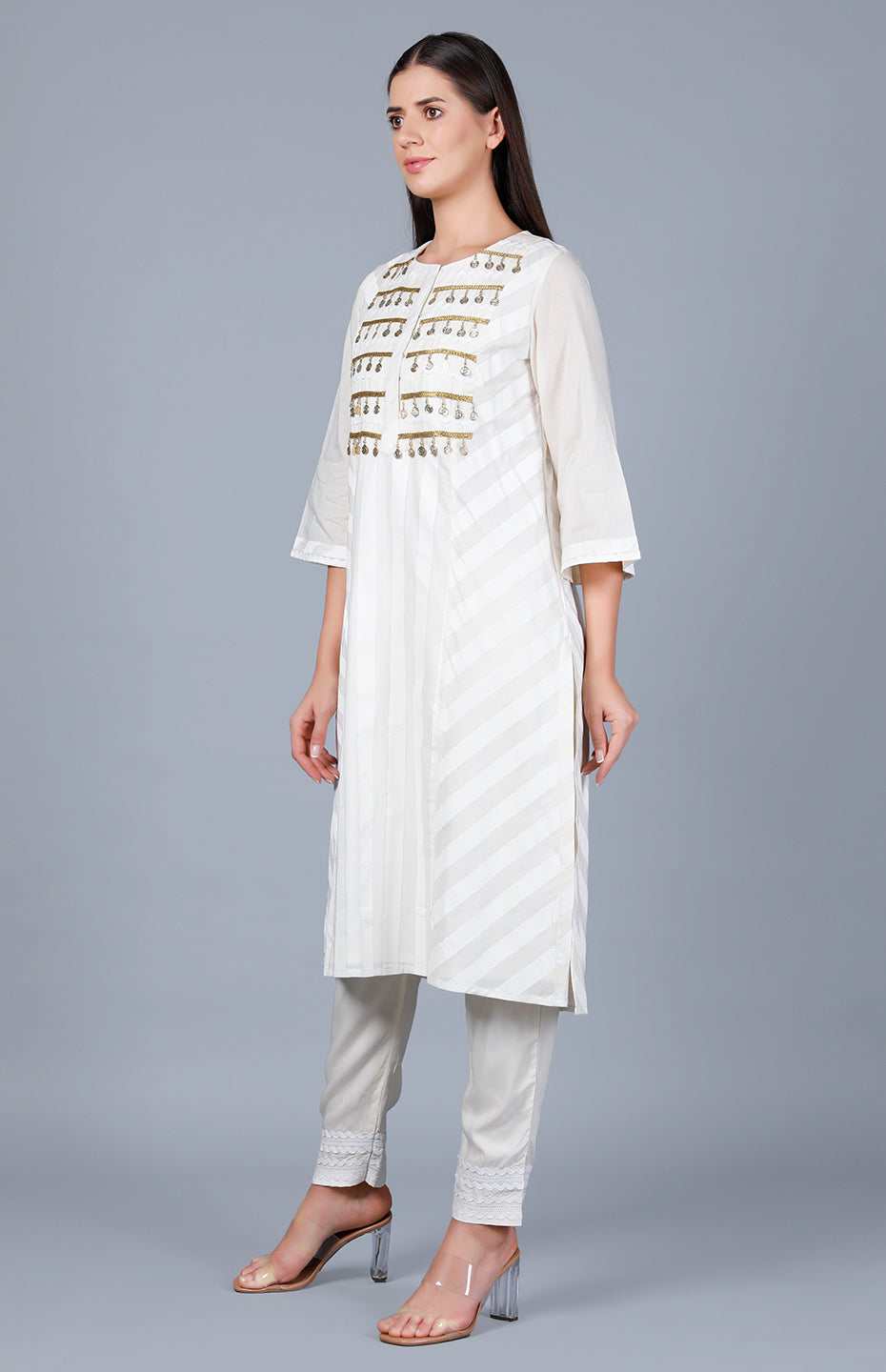 Off White Stripe A Line Kurta