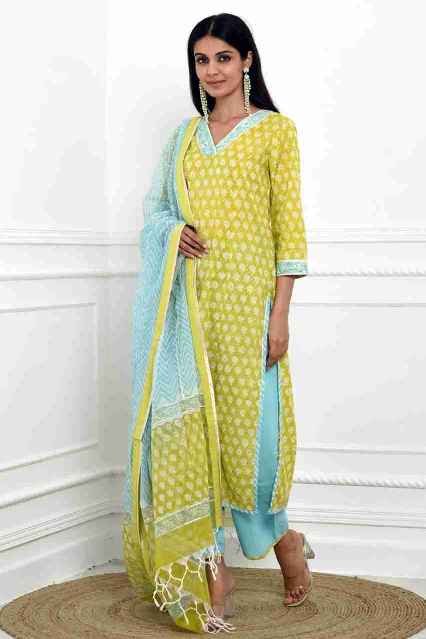 Naksh Yellow Printed Straight Kurta, Pants & Dupatta (Set of 3)
