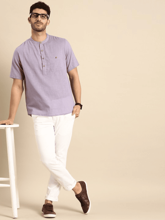 Men Lavender Pure Cotton Solid Kurta