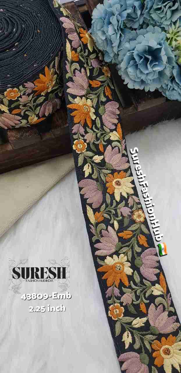Black Regal Parsi Floral Multi-Thread Embroidery Lace – 43809-Emb