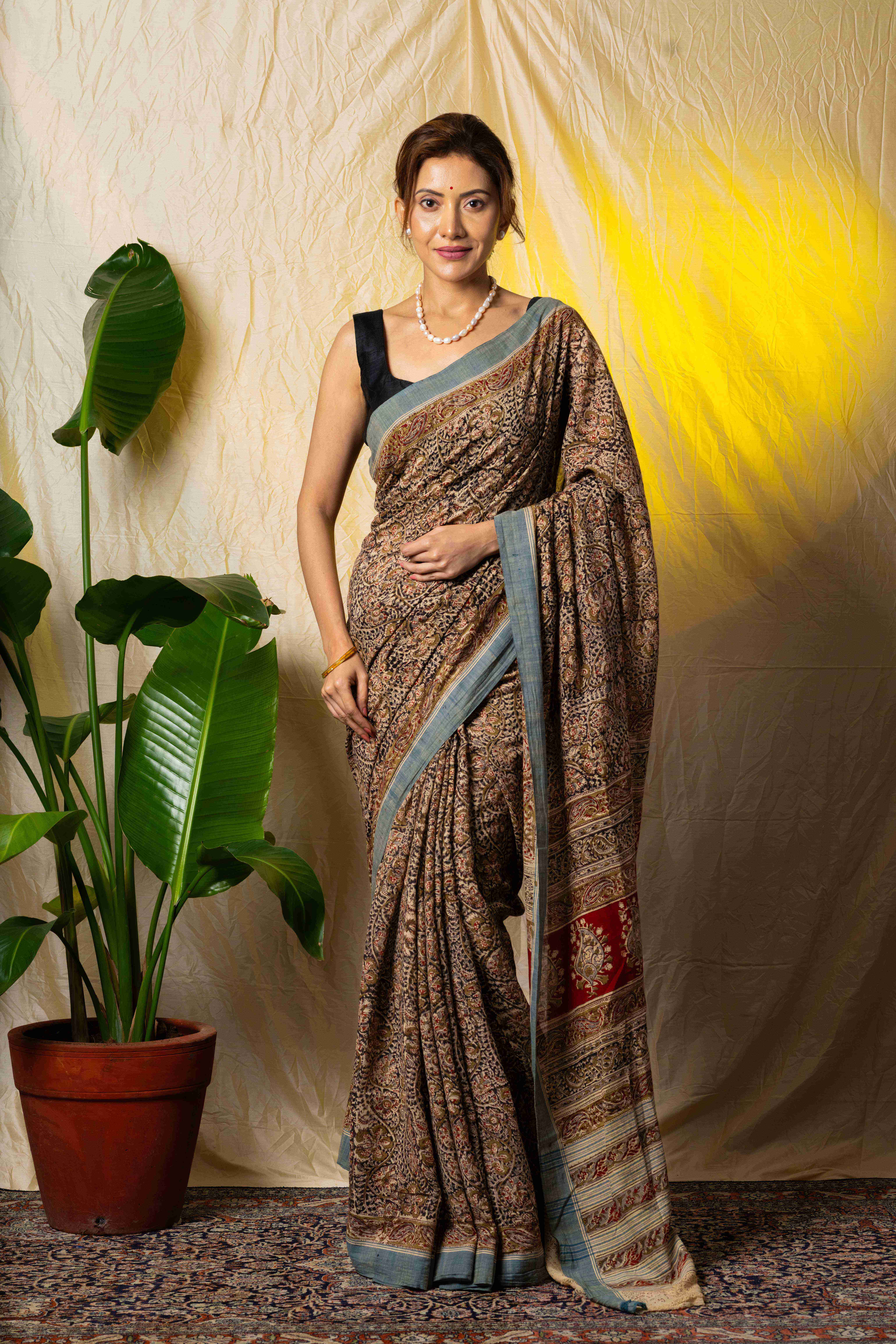 Green Handblock Printed Kalamkari Cotton Saree