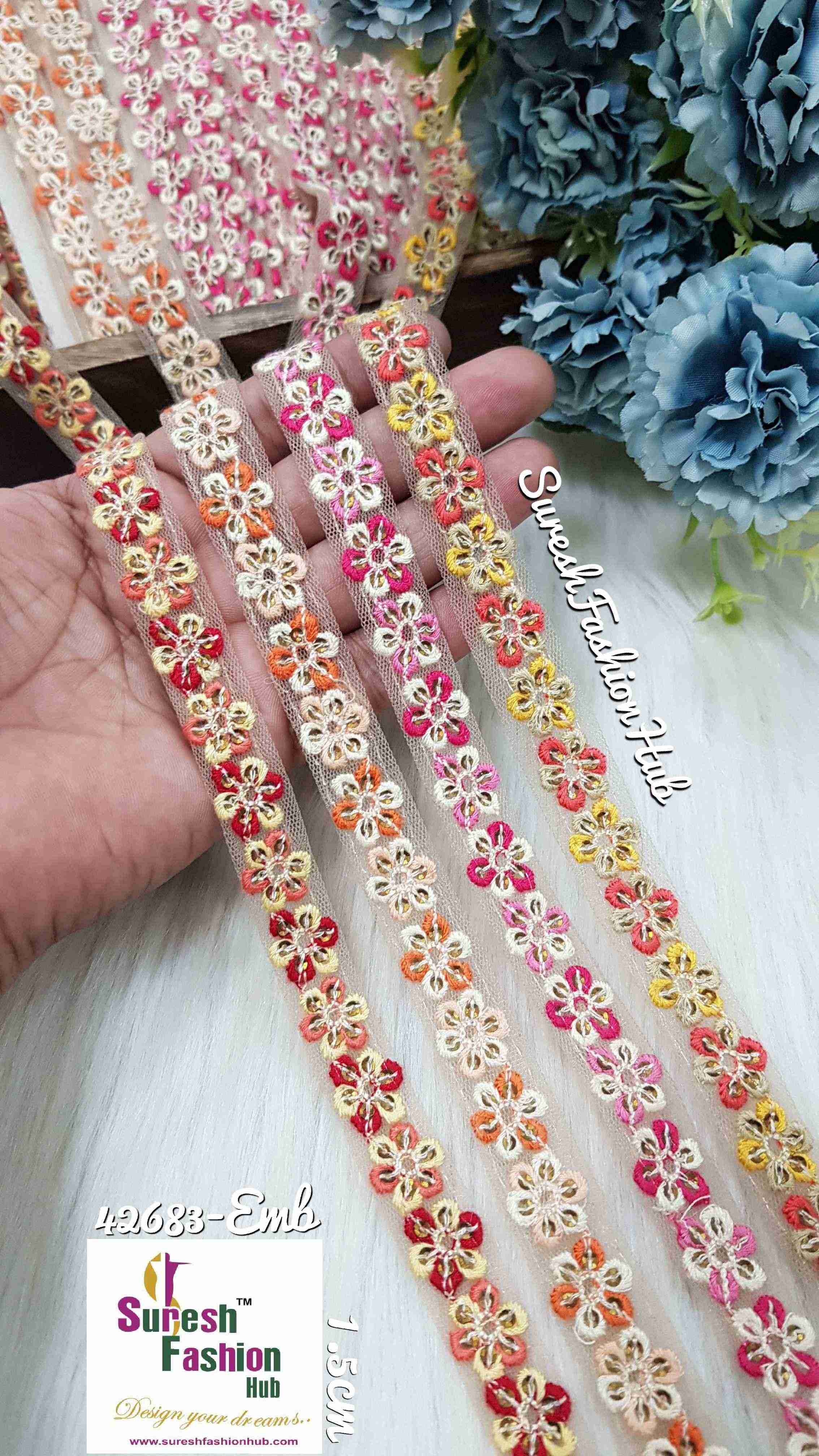 Colorful Threaded Flowerbed  On Net Embroidered  Trims