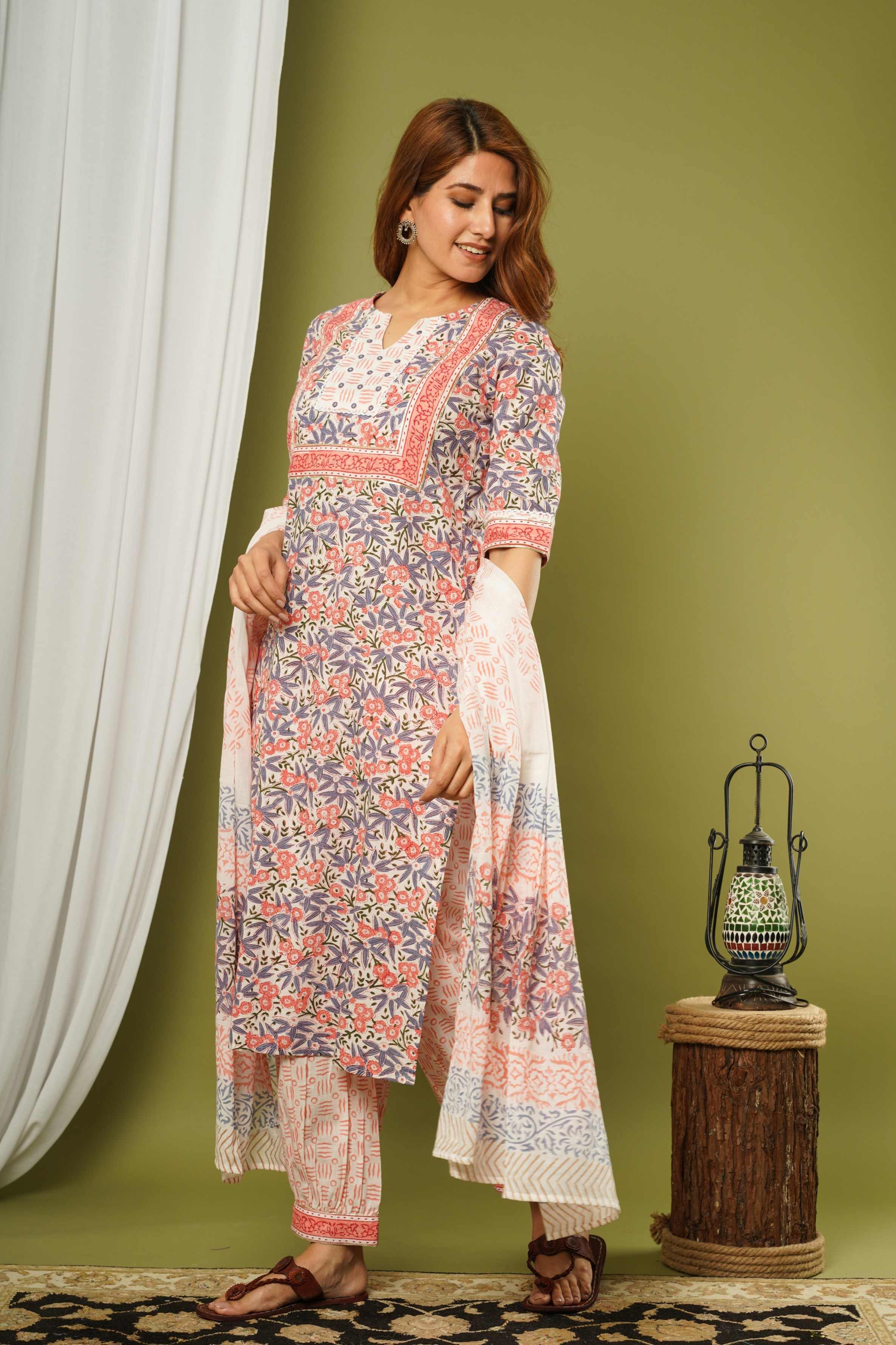 100% BLOCK PRINTED LACE KURTA SET WITH DUPATTA