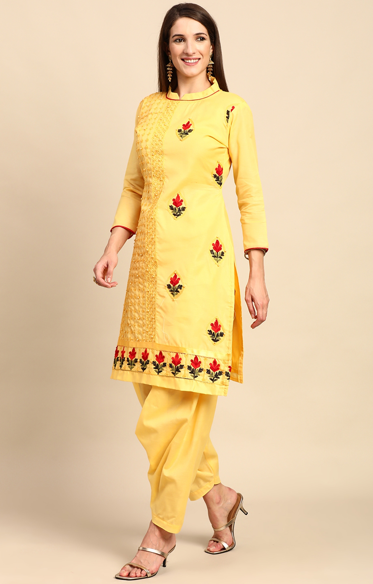 Women's Yellow Floral Chikankari Chanderi Cotton Suits & Dress Materials