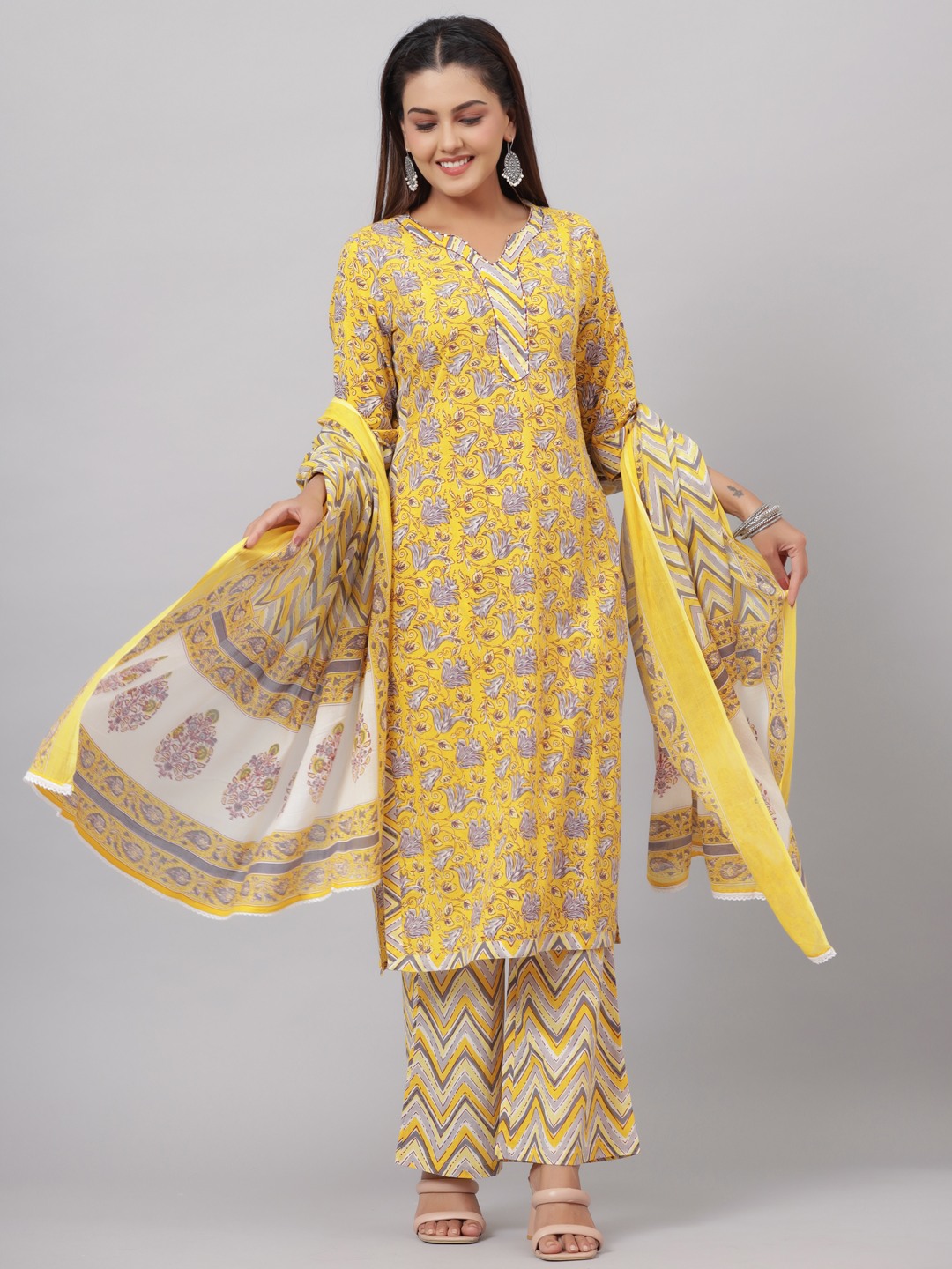 COTTON ETHNIC YELLOW PRINTED KURTA SET