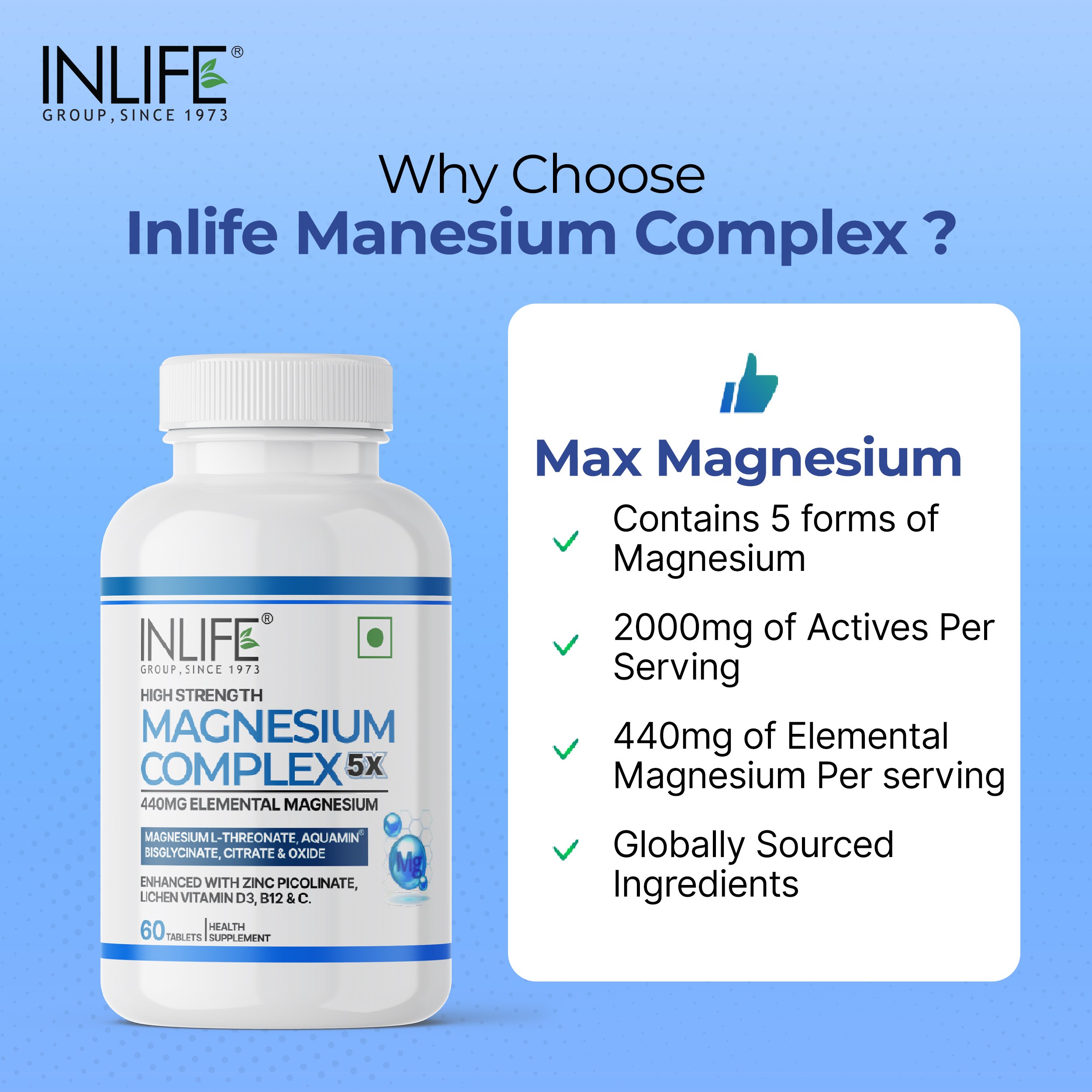 Inlife | Magnesium 5X Complex, 440 mg (Elemental Mg) Tablets | 60 Tablets