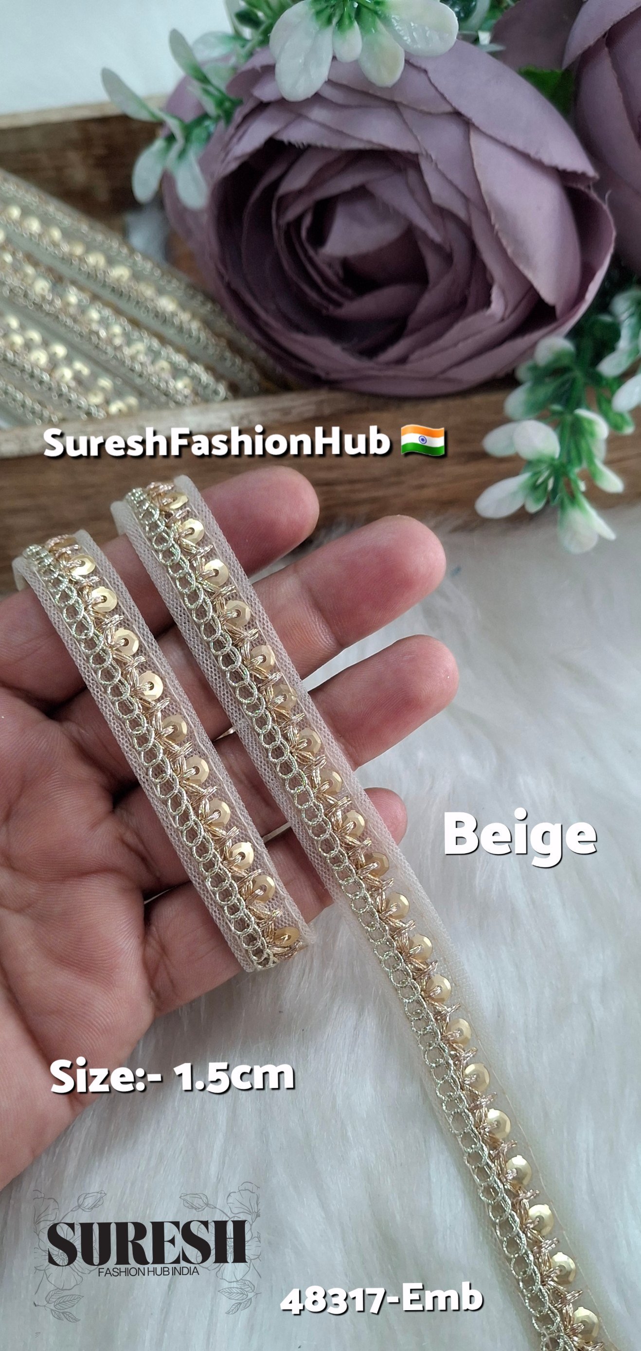 Beige Pearl Dori Zari Embroidery Border Lace