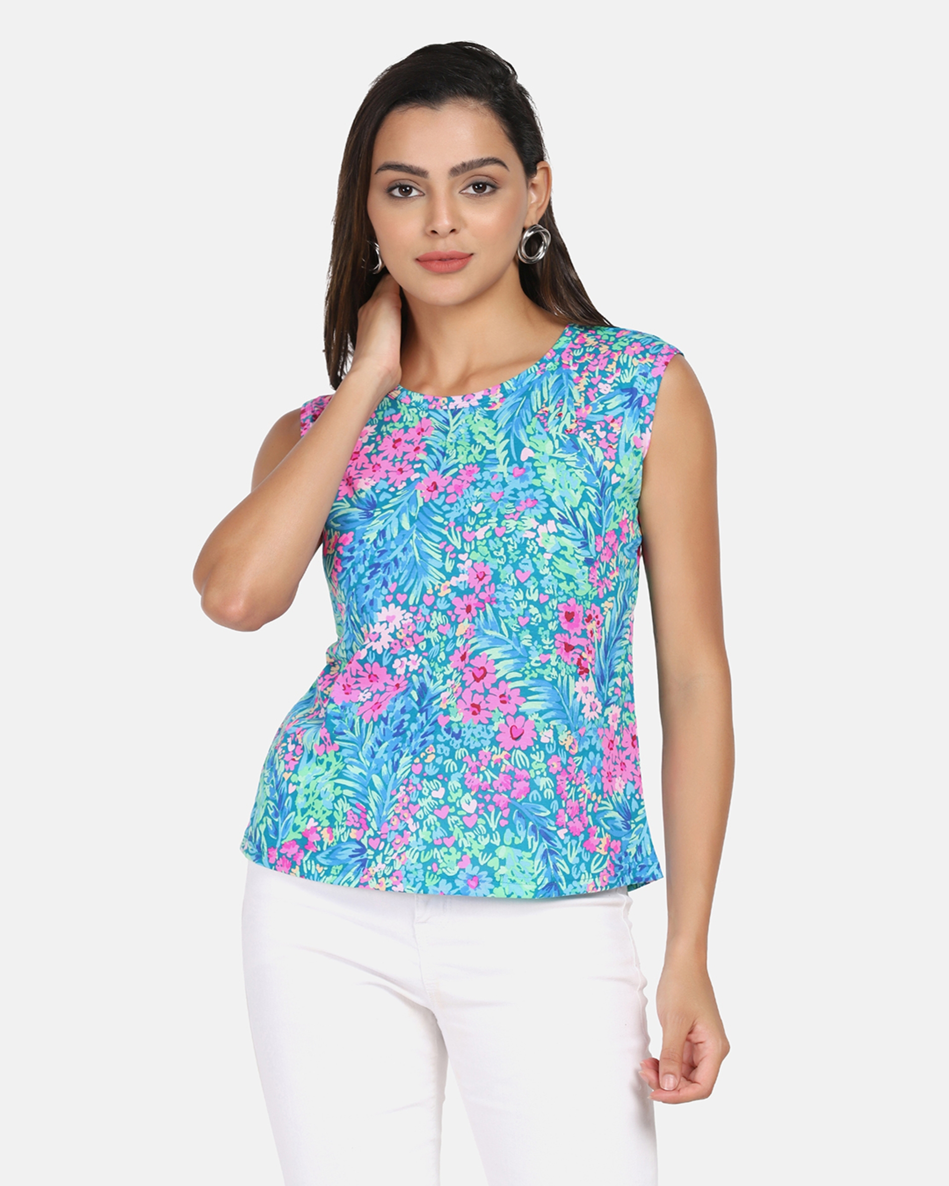 Abstract Printed Supima Cotton Sky Blue & Pink Top