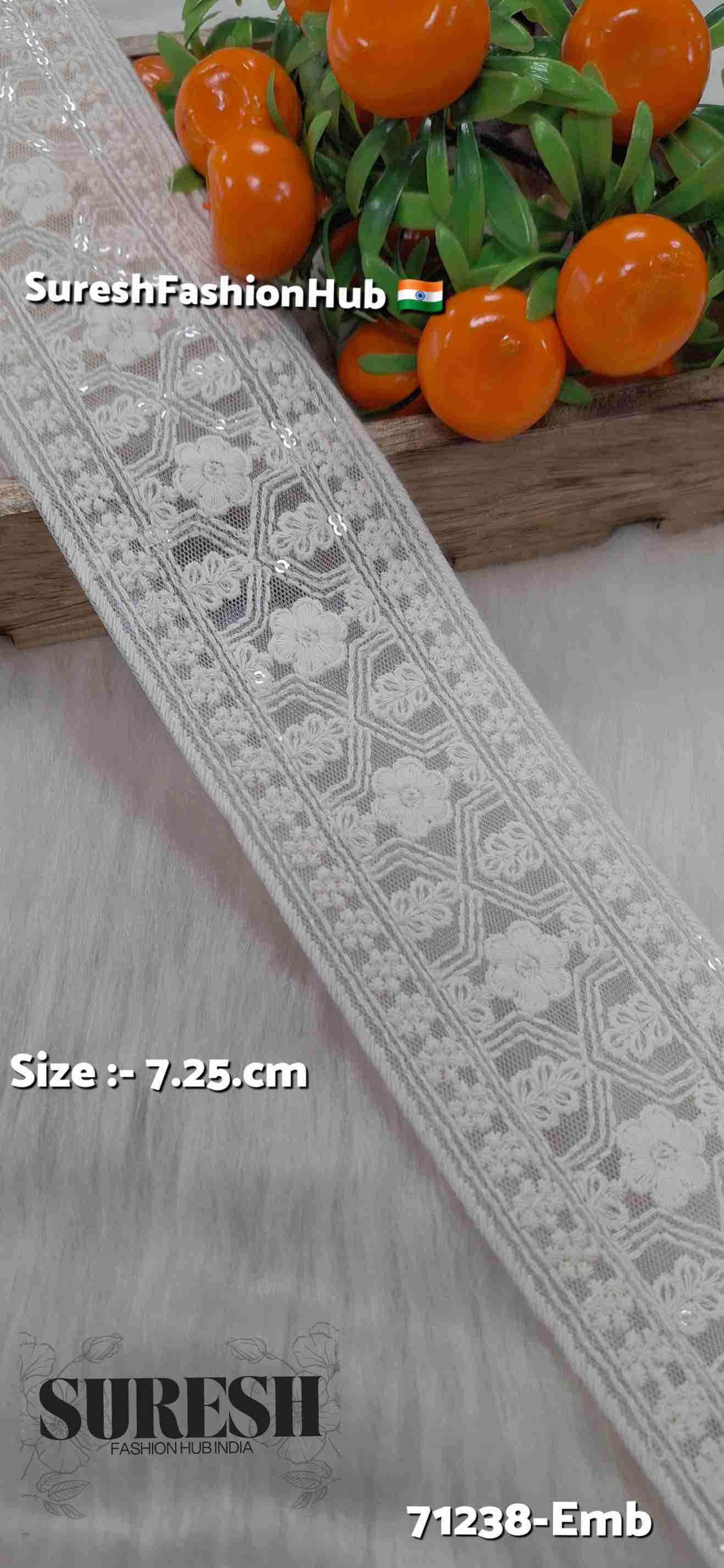 Off-White Floral Lakhnavi Sequin Border Lace – 71238-Emb