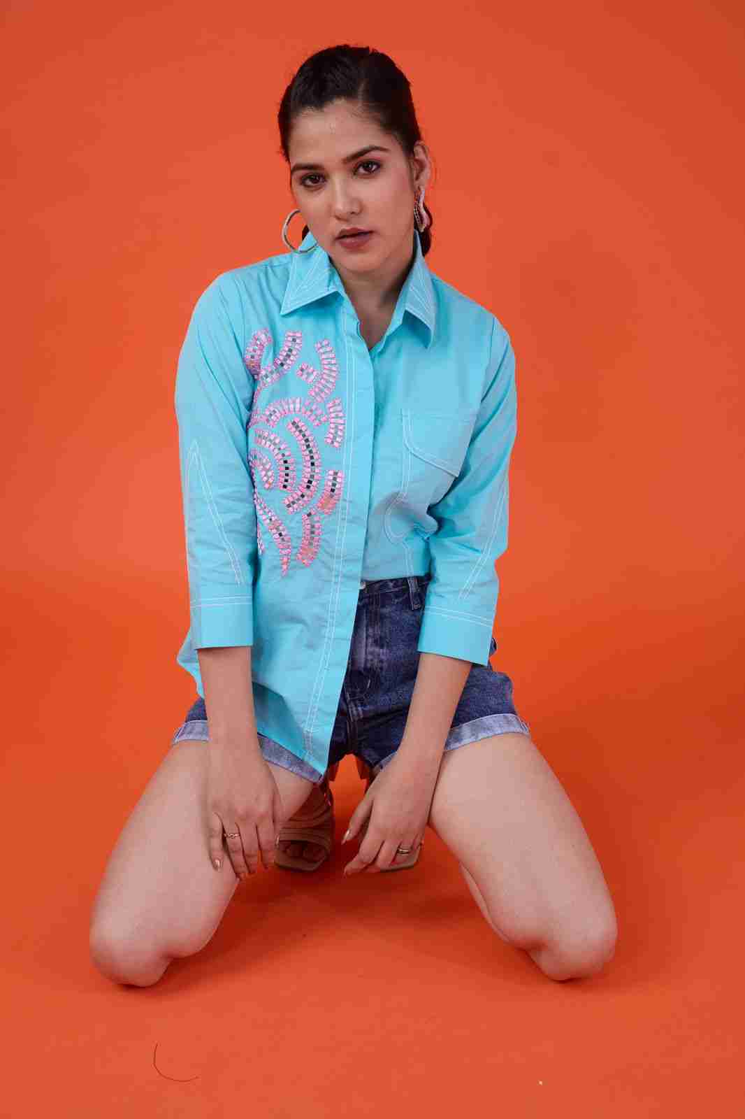 Blue Embroidered Cotton Shirt