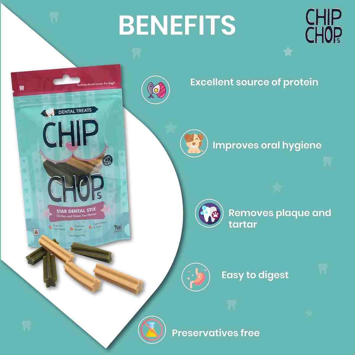 Chip Chops Star Dental Stix Chicken and Green Tea Flavor Dog Treat - 100 g