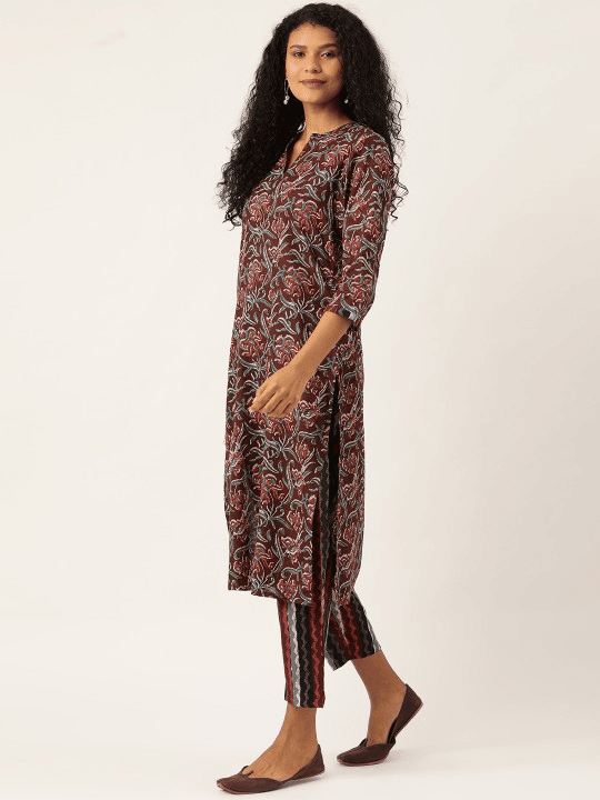 Women Coffee Brown & Blue Printed Kurta with Trousers
