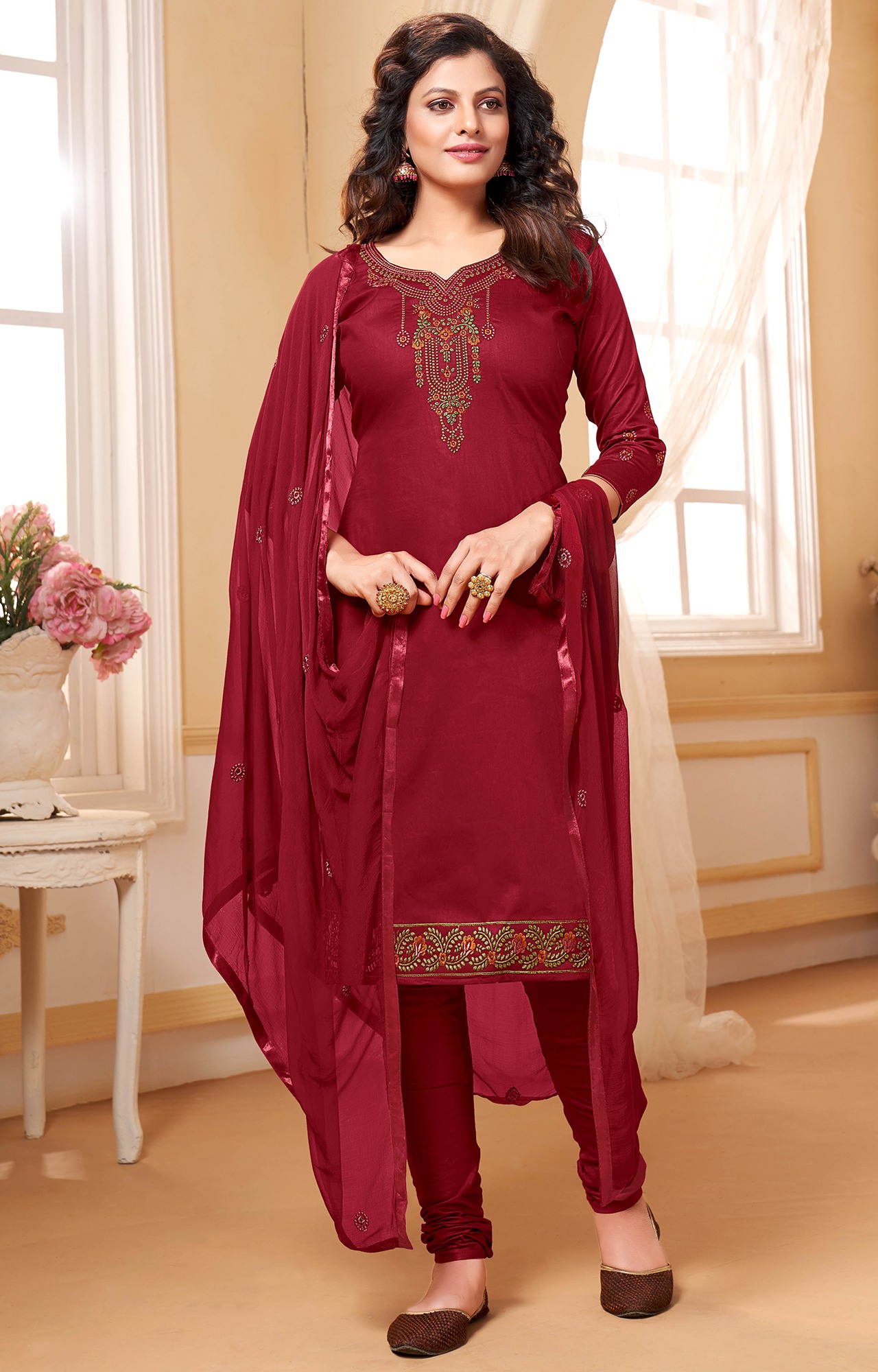 Maroon Color Cotton Silk Embroidery Unstitched Dress Material-FL_ALBELI1071_DM