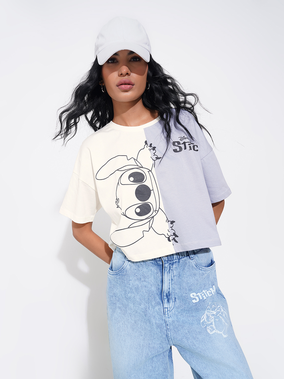 Blue Colour Block Lilo & Stitch Oversized Graphic T-Shirt