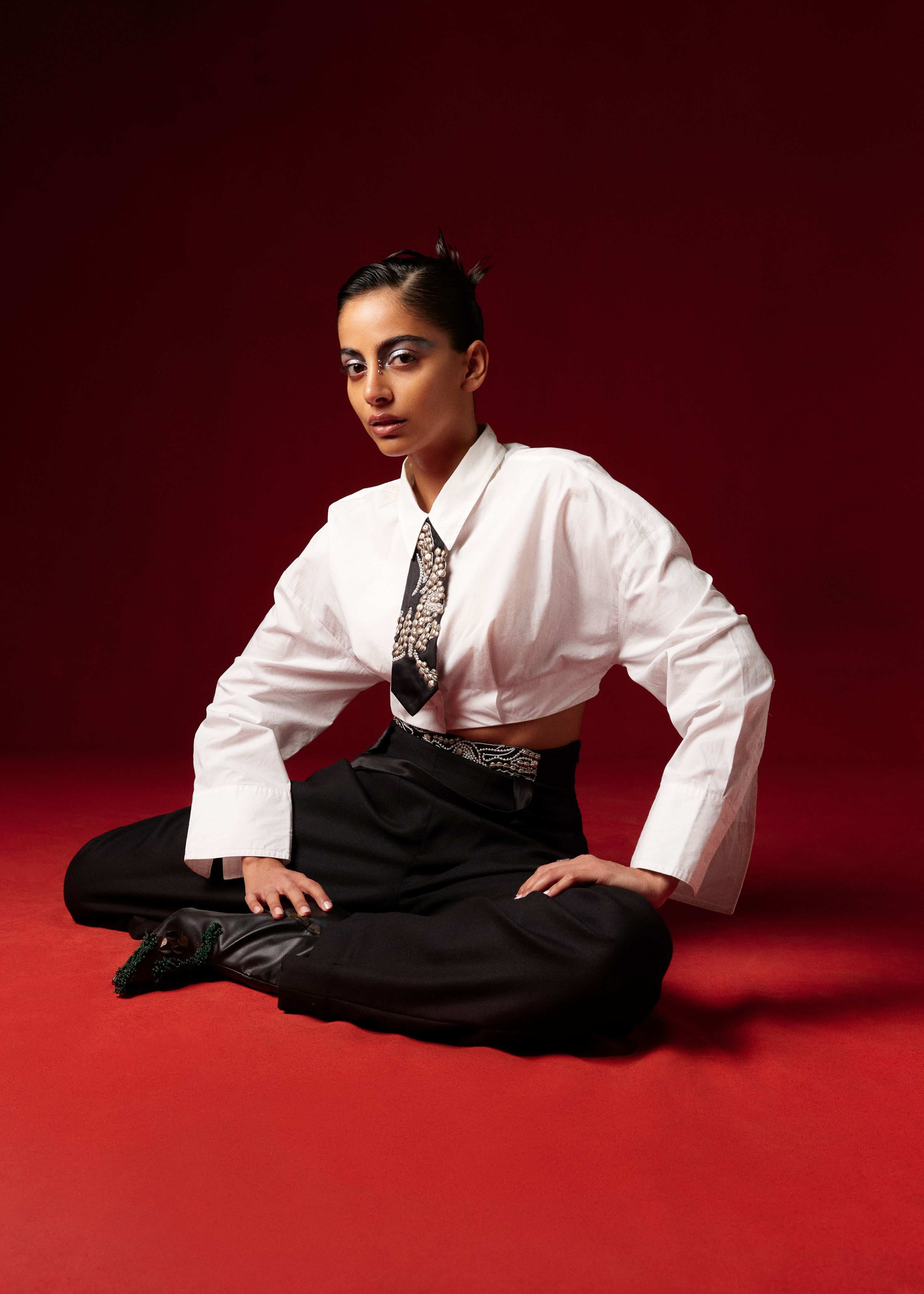 Crop White Shirt with Flare Pants & Tie