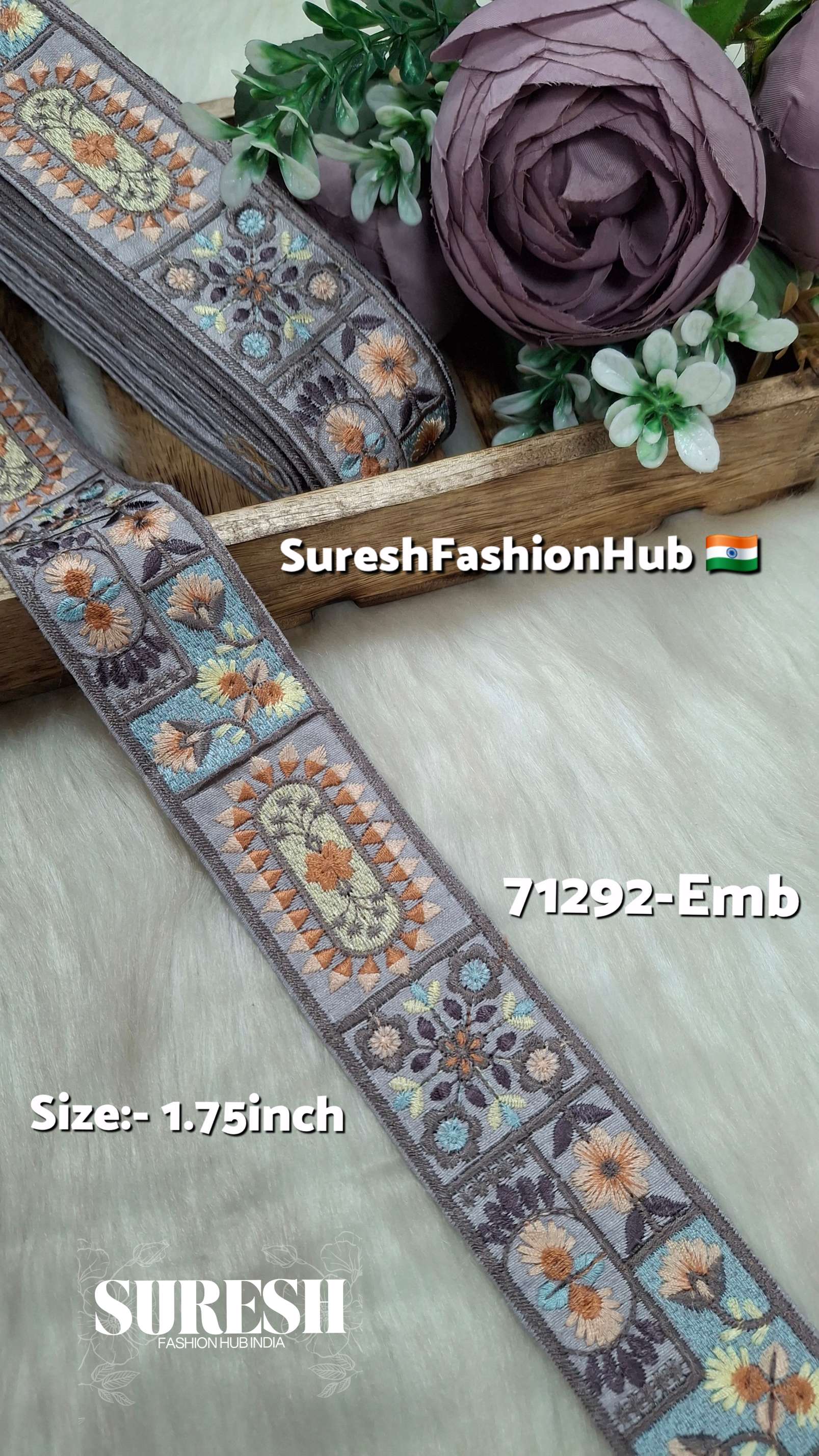 Dusty Taupe Patchwork Tile Embroidery Border – 71292-EMB